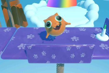 An orange cat rolling on a purple platform