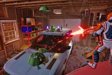 A toy soldier firing a gun at enemy toys in a garage.