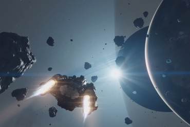 Starfield space travel: spaceship boosting forward through debris and planets