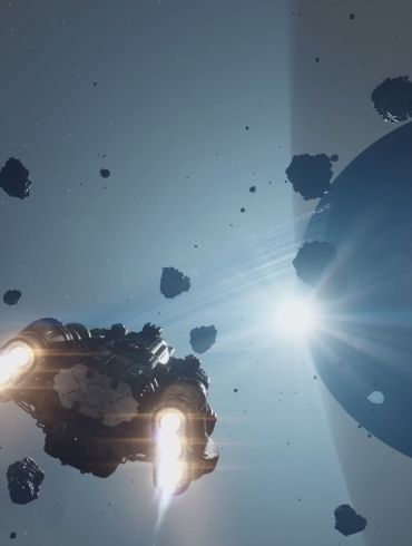 Starfield space travel: spaceship boosting forward through debris and planets