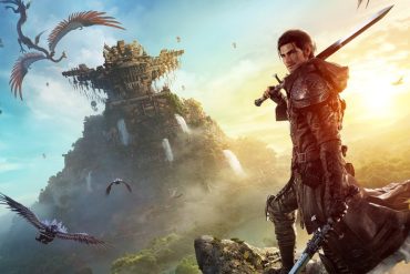 Final Fantasy 14: Dawntrail promotional artwork, protagonist holding two swords overlooking a mountain