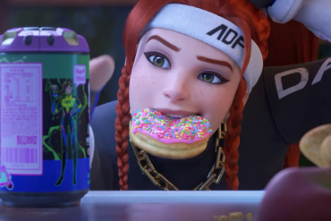 Overwatch 2: Brigitte in her Le Sserafim skin with a donut in her mouth