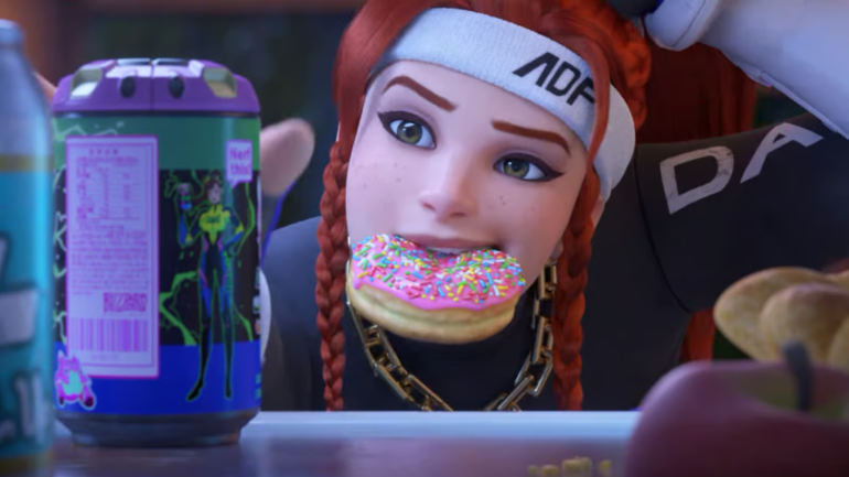 Overwatch 2: Brigitte in her Le Sserafim skin with a donut in her mouth